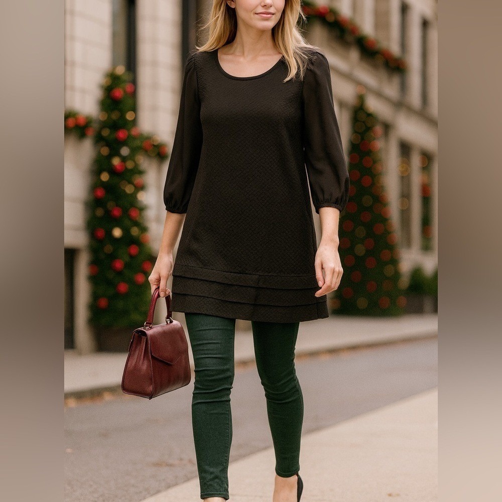 L8ter Black Long Sleeve Casual Dress with Bottom Ruffle